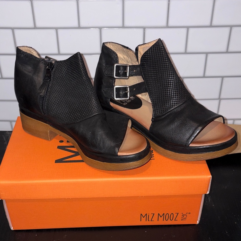 Miz Mooz Black Open-Toe Ankle Booties